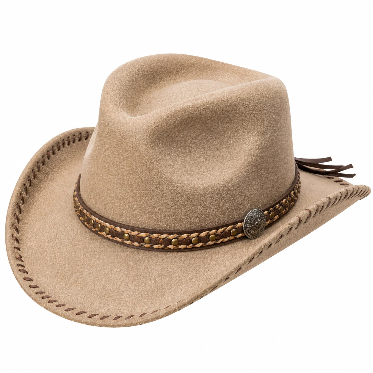 Cowboyhut Einheitsgröße Beige in Veloursoptik mit Flechtband im Westernstil