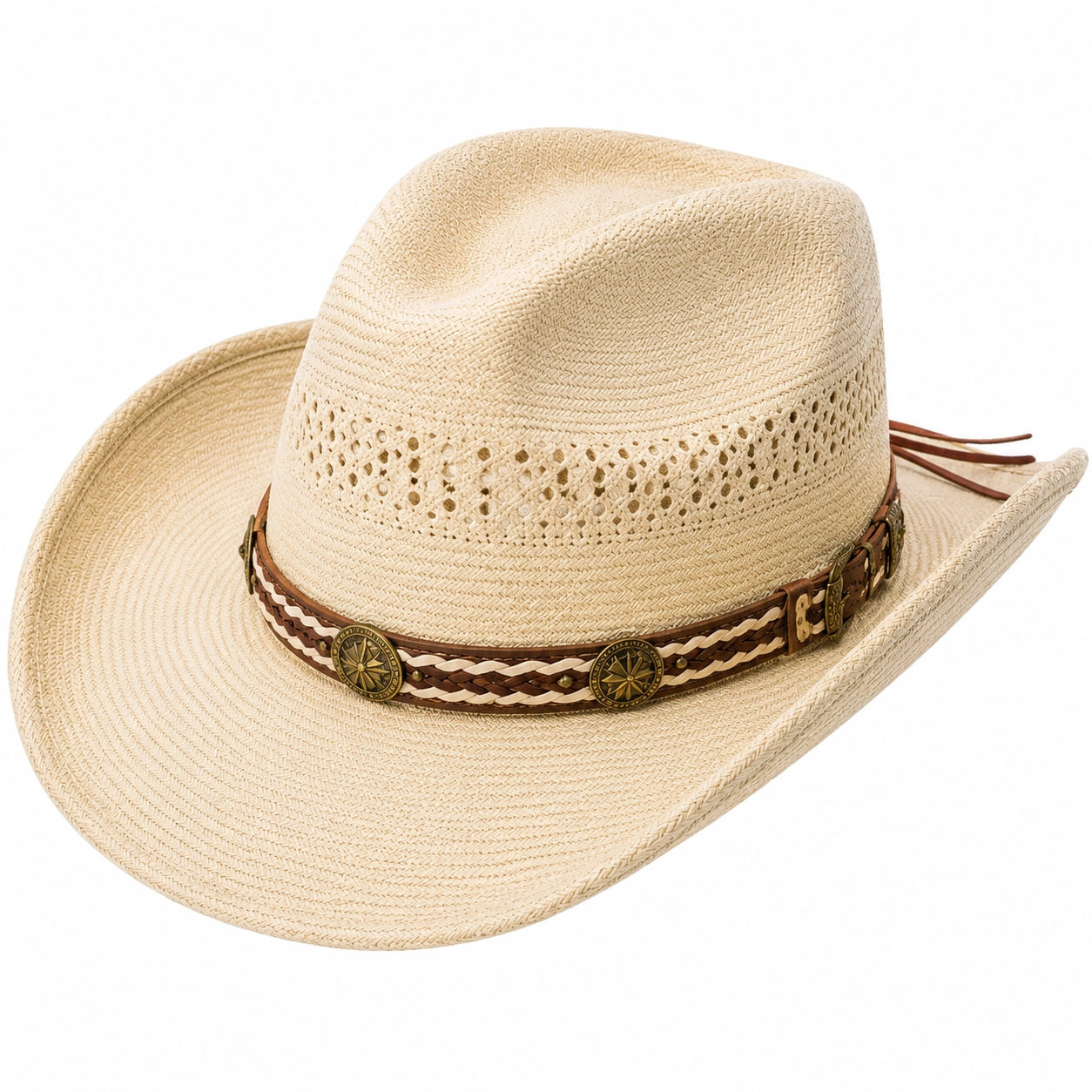 Cowboyhut Einheitsgröße aus Stroh in Beige mit geflochtenem Dekorband im Westernstil