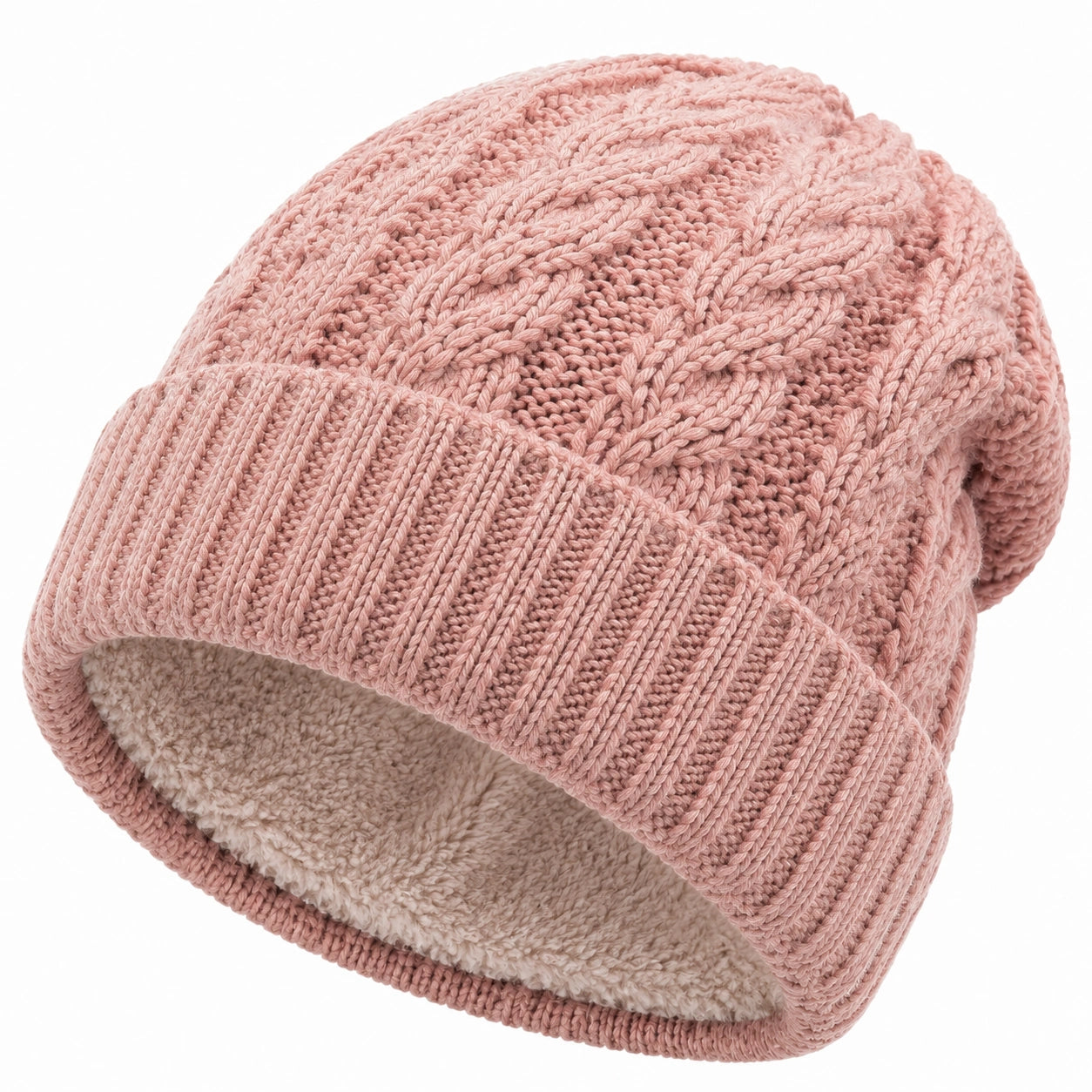 Strickmütze Einheitsgröße Rosa mit Fleecefutter - Beanie mit Zopfmuster für Herbst und Winter