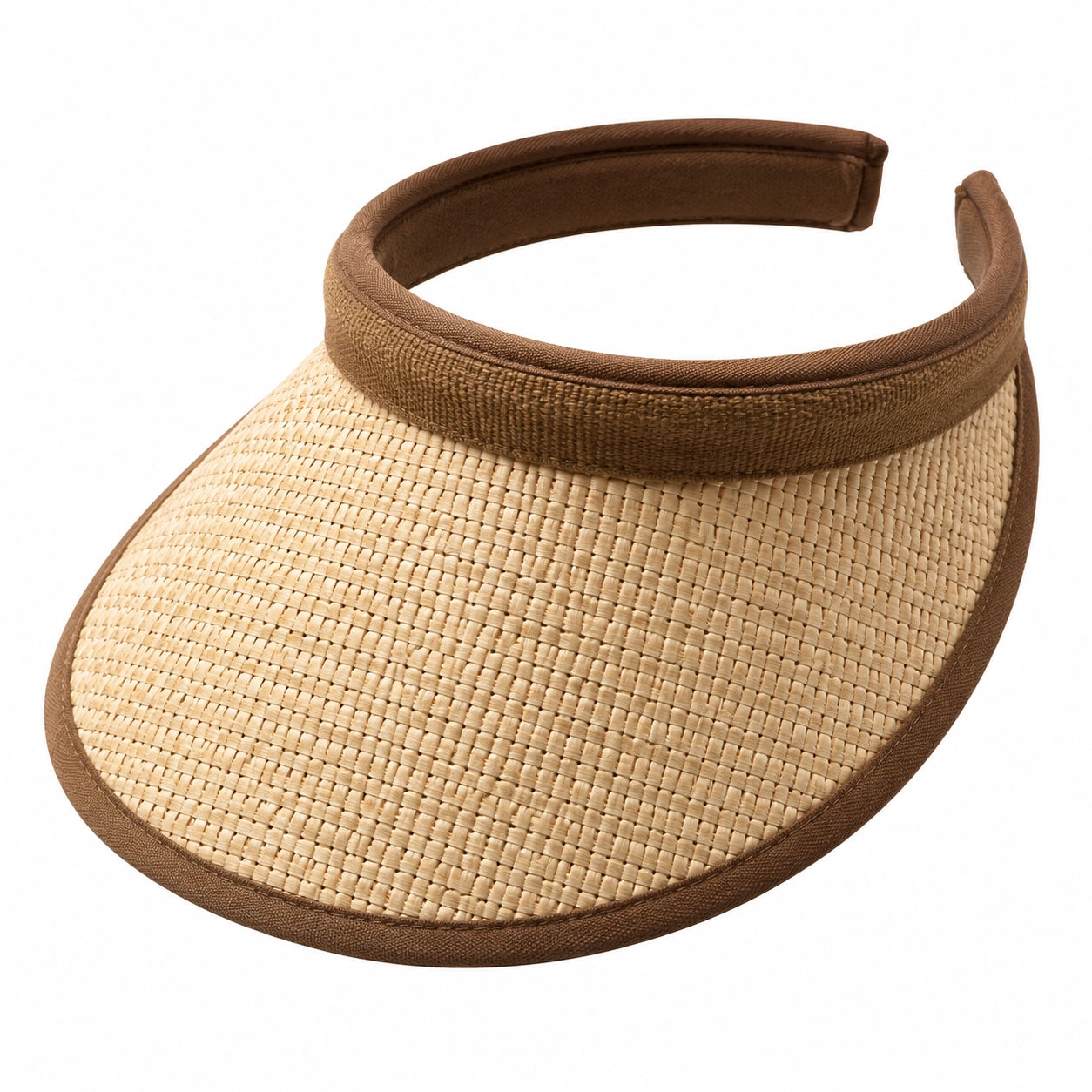 Sonnenvisier Einheitsgröße aus geflochtenem Naturfasergewebe Braun Beige mit offenem Kopfband